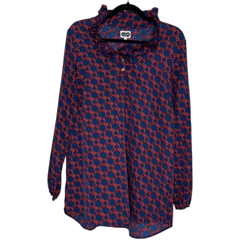 MUD PIE Long Sleeve Whitney Ruffle Neck Tunic Red & Blue Chain-link  Size: Large